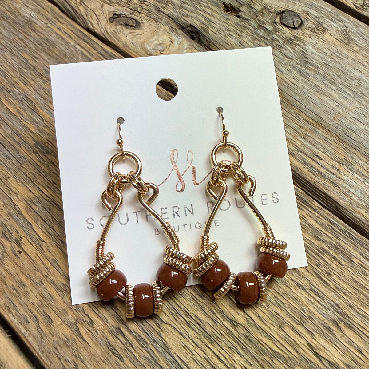 Glass Bead Double Hook Teardrop Earrings | Brown