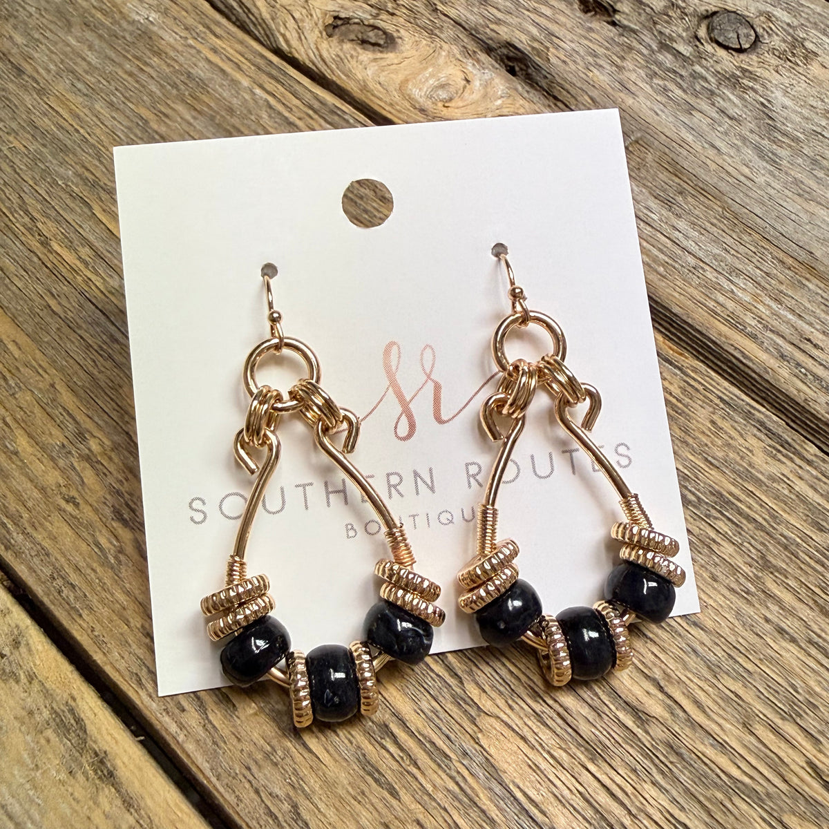 Glass Bead Double Hook Teardrop Earrings | Black