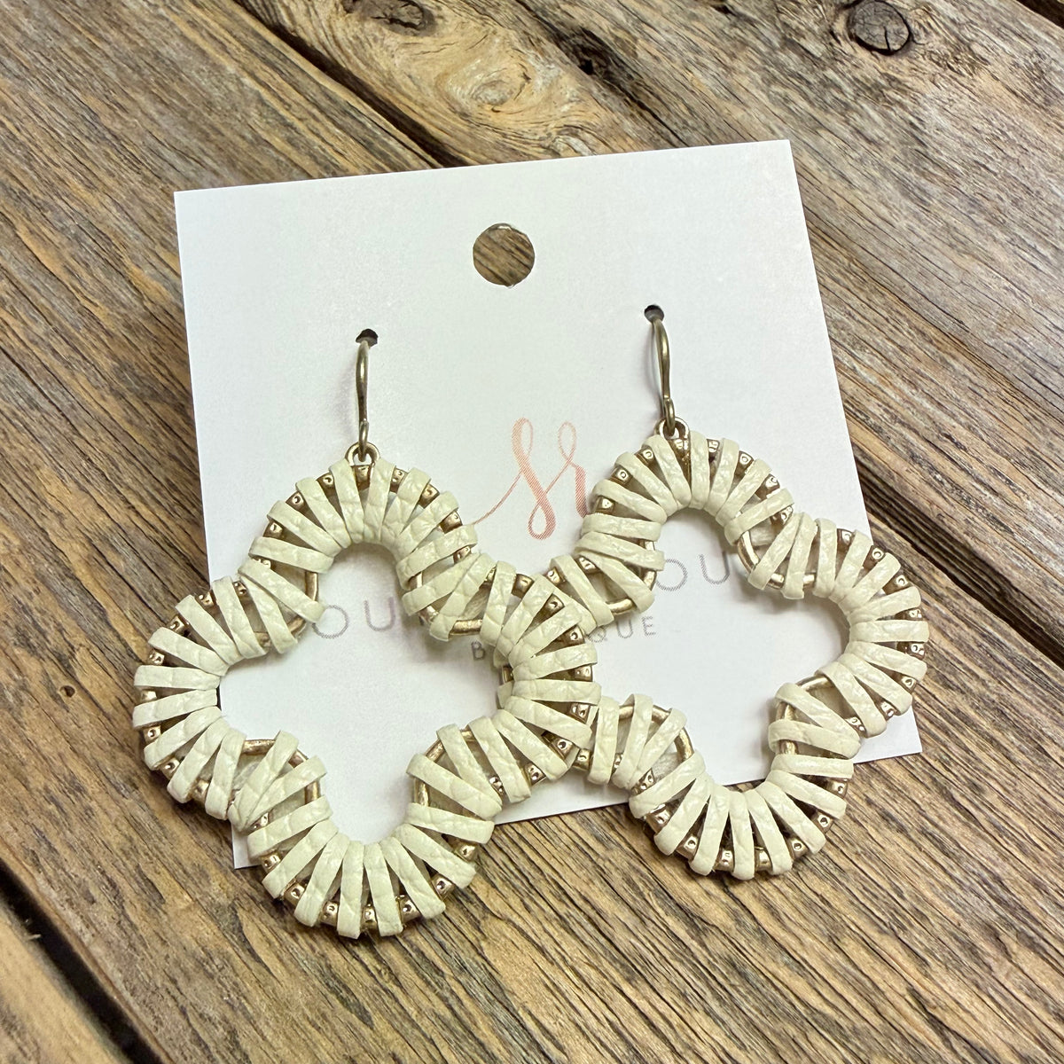 Leather Wrap Quatrefoil Earrings | Cream