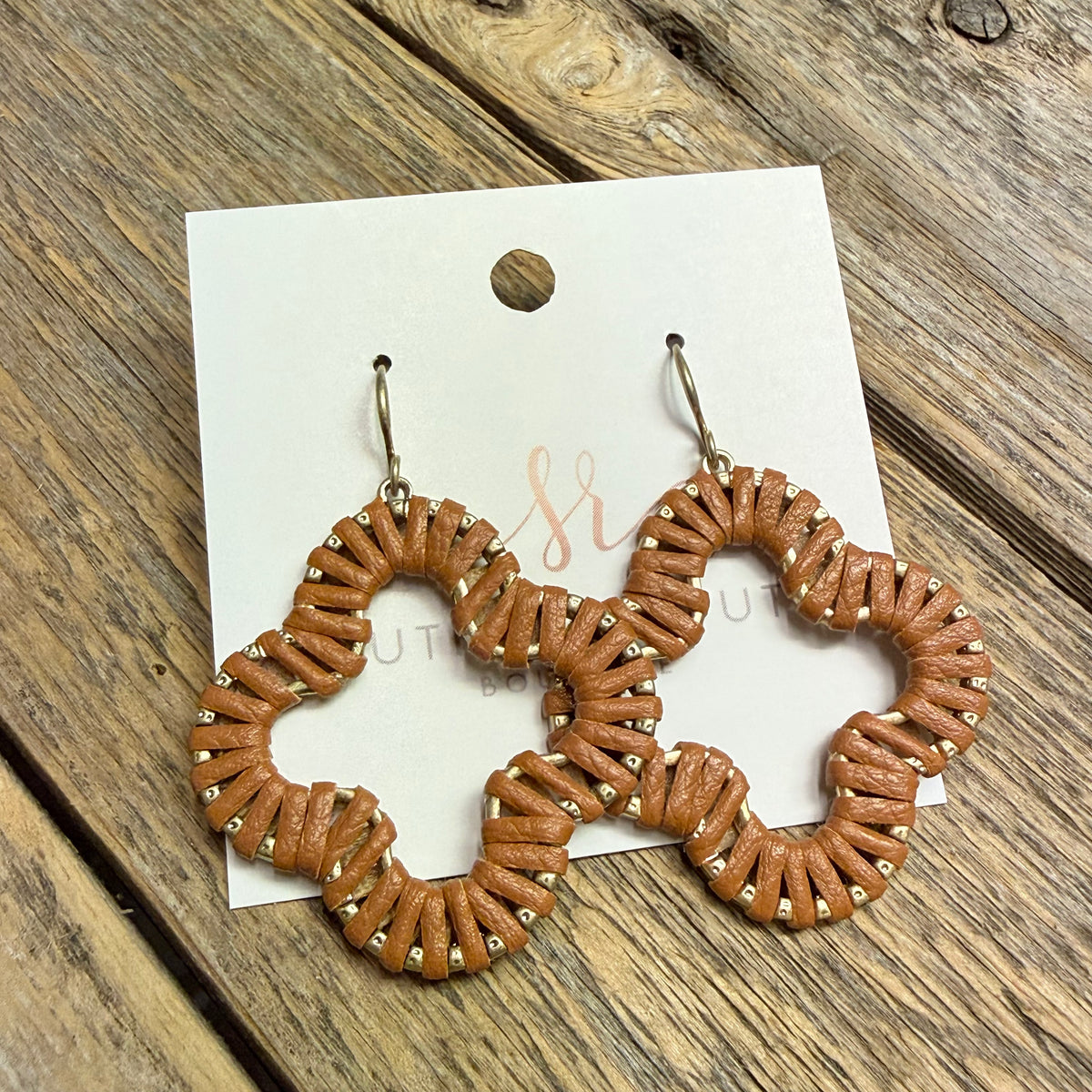 Leather Wrap Quatrefoil Earrings | Brown