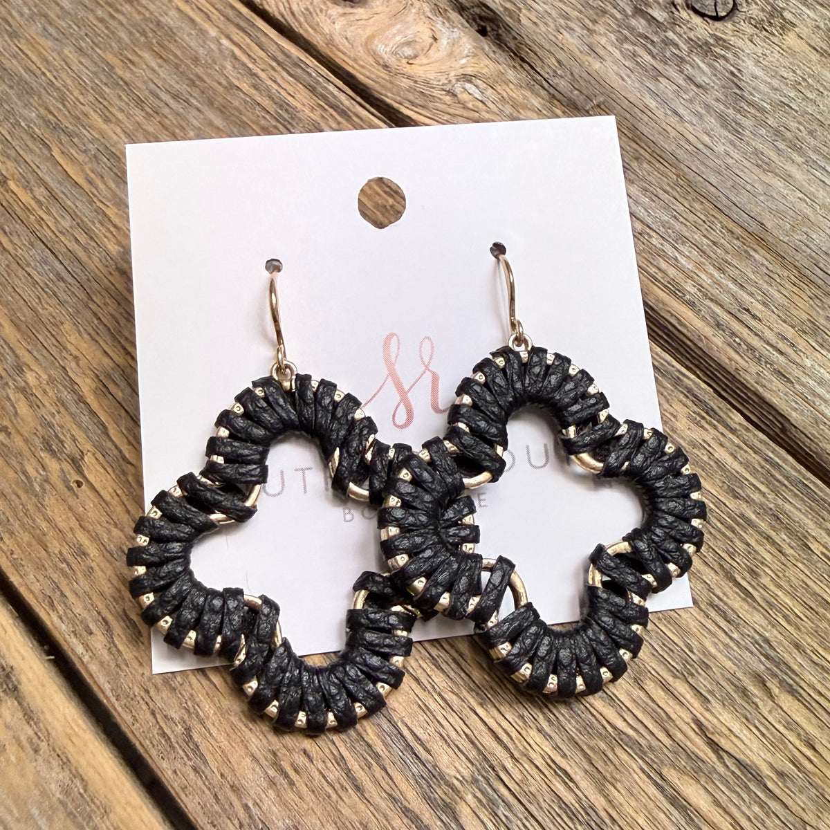 Leather Wrap Quatrefoil Earrings | Black