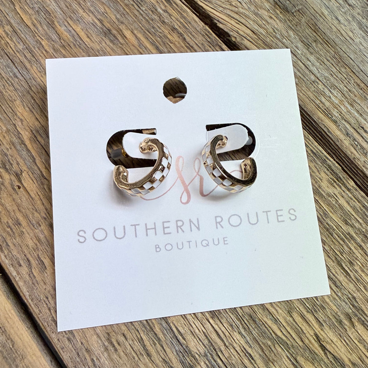 Checker Huggie Earrings | Gold/White