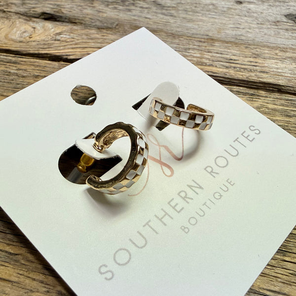 Checker Huggie Earrings | Gold/White