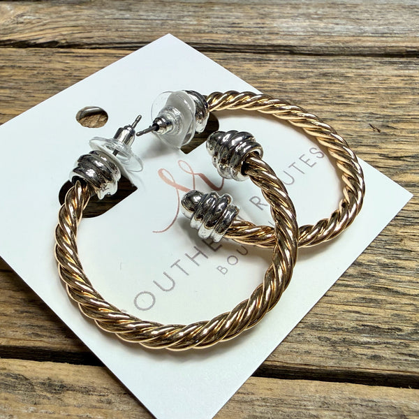 Two Tone Metal Rope Hoop Earrings | Gold