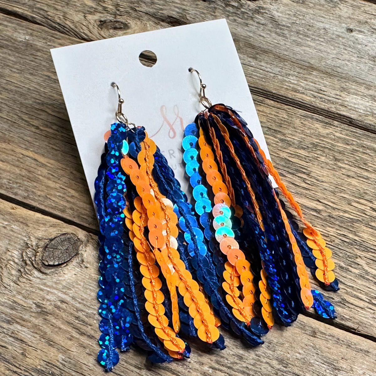 Long Astros Sequin Tassel Earrings | Orange+Navy