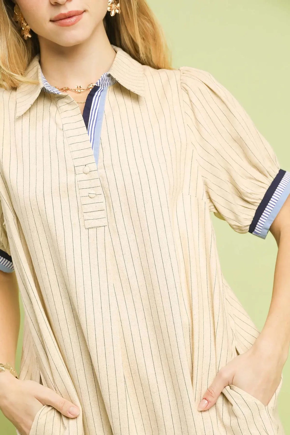 Polo Collar Striped Linen Dress | Oatmeal