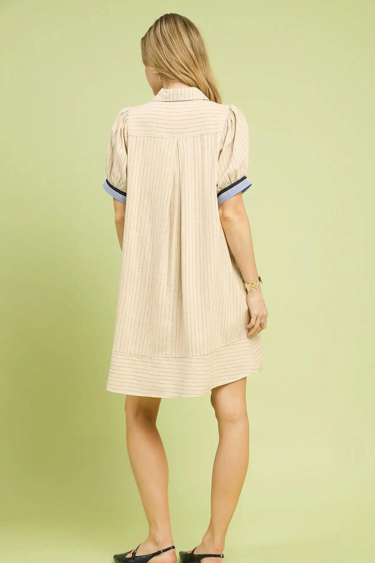 Polo Collar Striped Linen Dress | Oatmeal