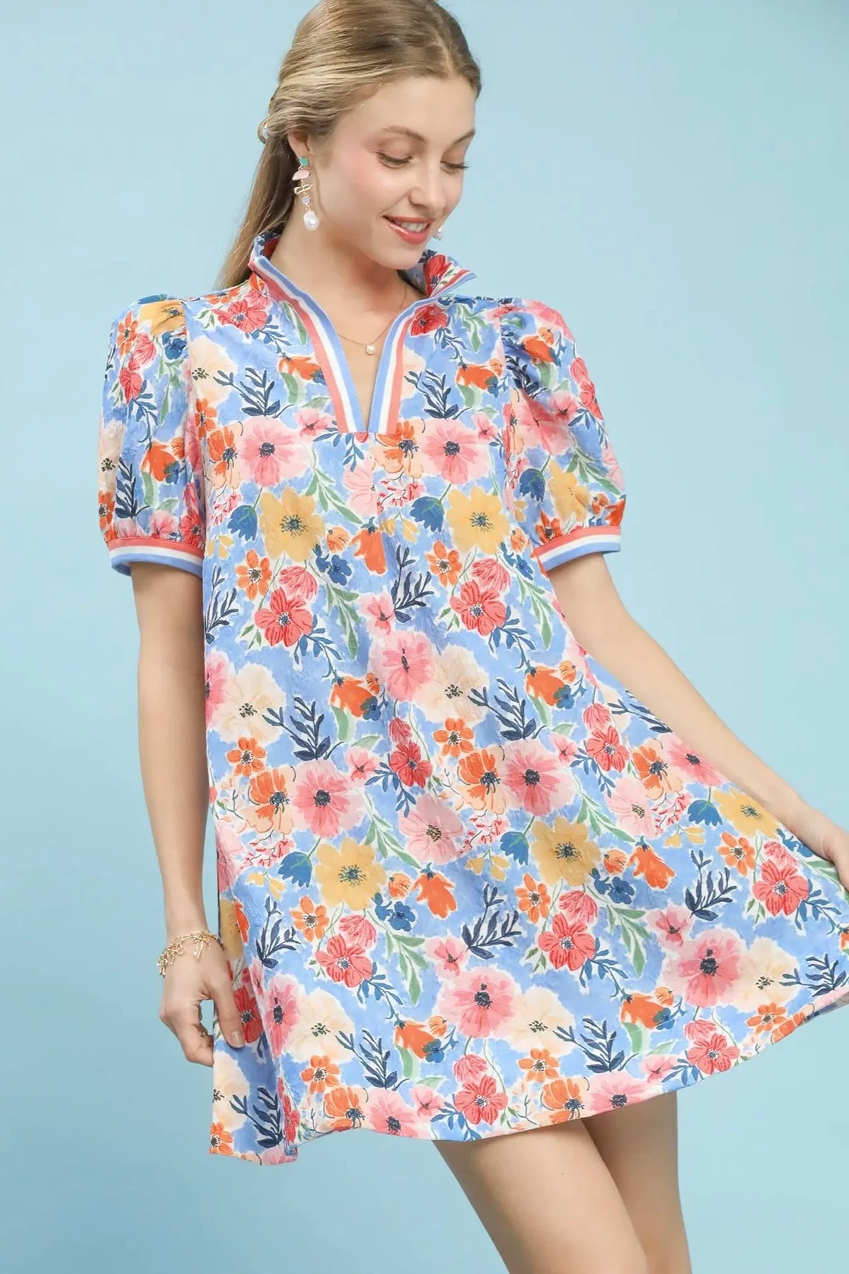 Floral High Neck Banded Mini Dress | Pink/Blue