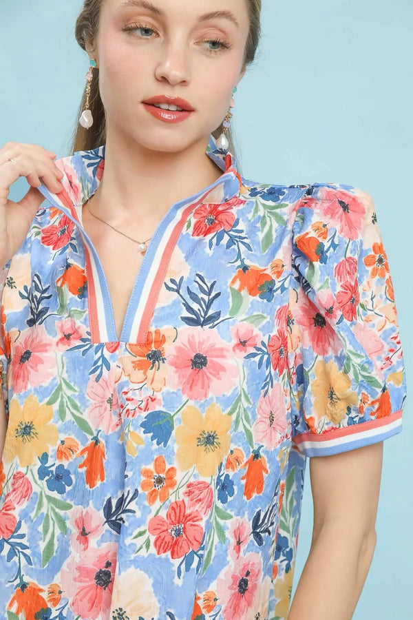 Floral High Neck Banded Mini Dress | Pink/Blue