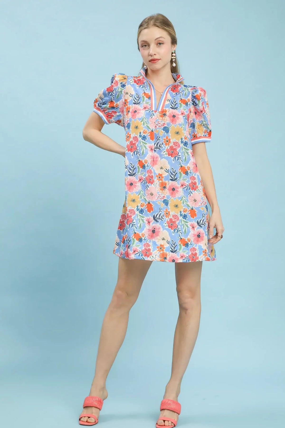 Floral High Neck Banded Mini Dress | Pink/Blue