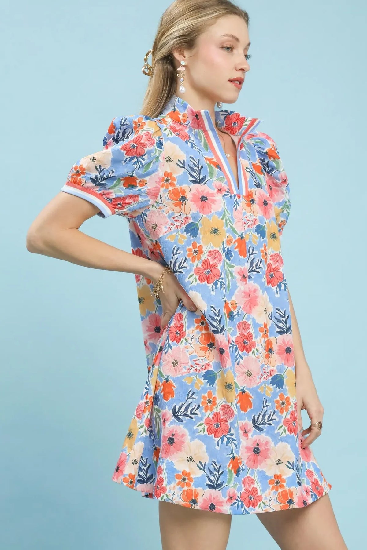 Floral High Neck Banded Mini Dress | Pink/Blue