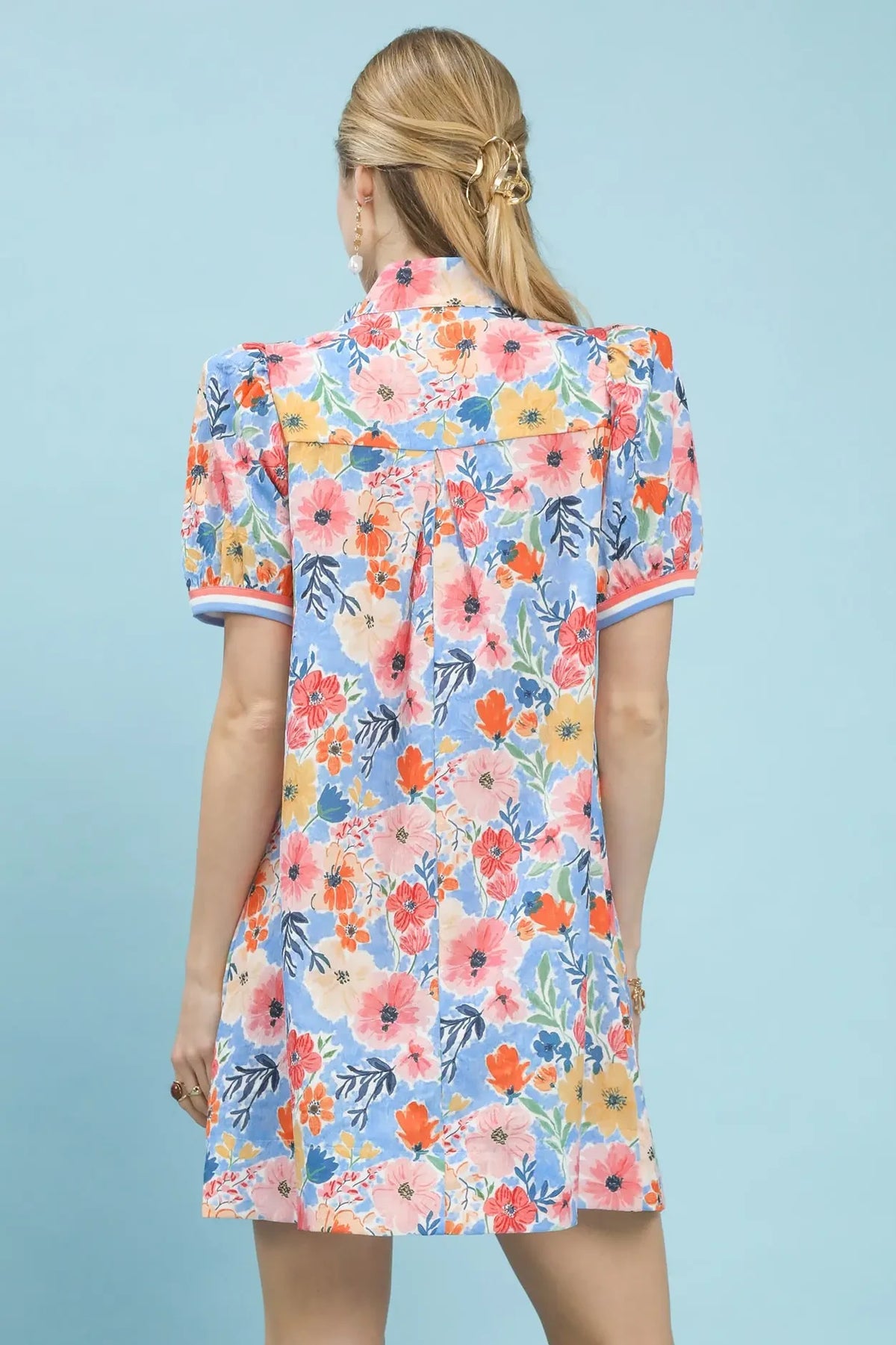 Floral High Neck Banded Mini Dress | Pink/Blue