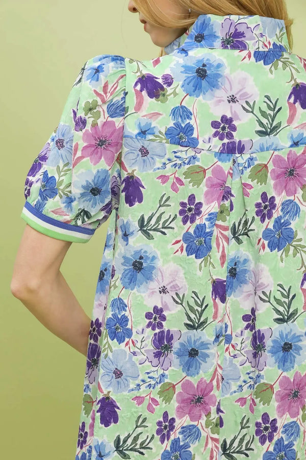 Floral High Neck Banded Mini Dress | Blue/Mint