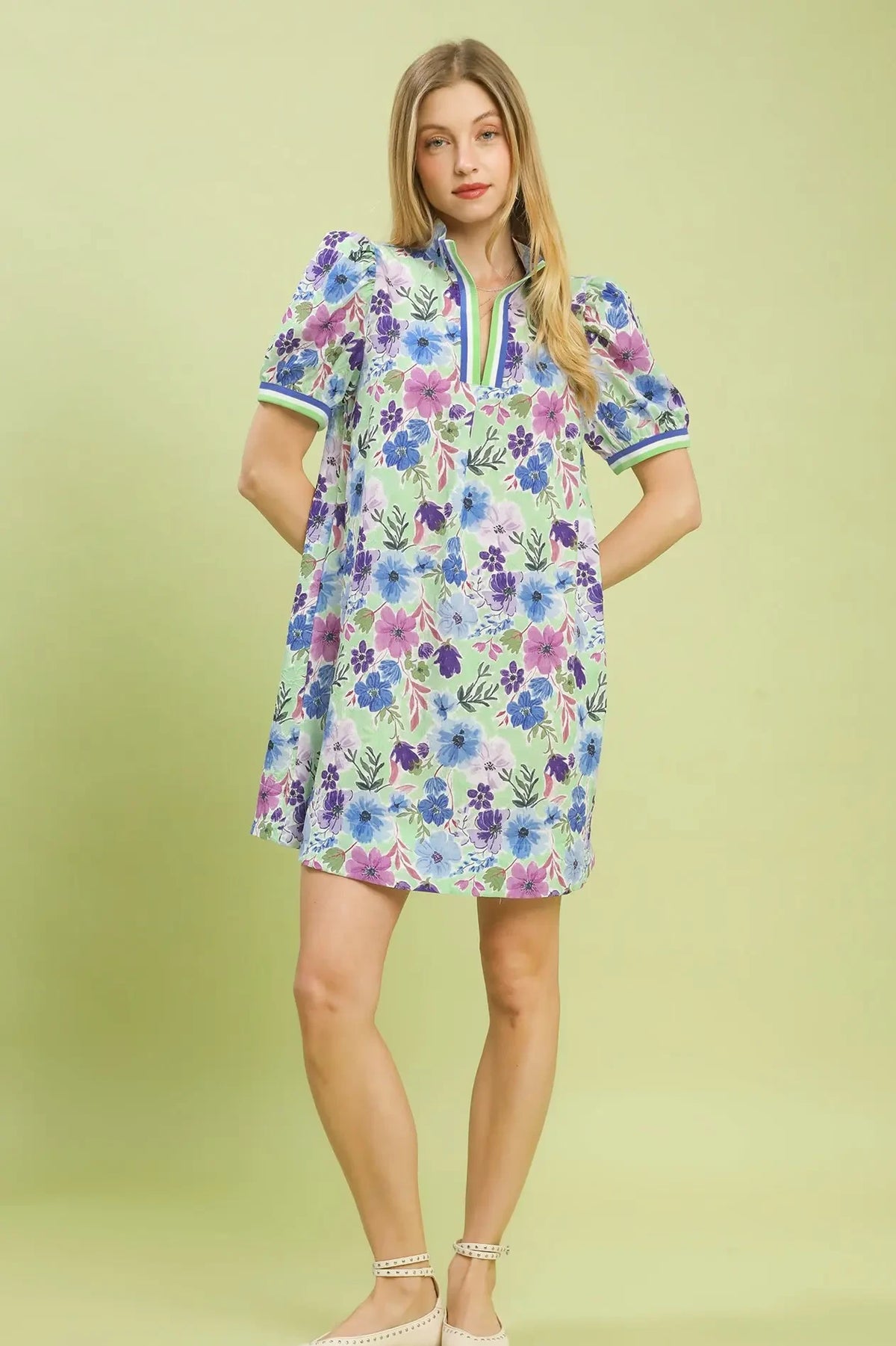 Floral High Neck Banded Mini Dress | Blue/Mint
