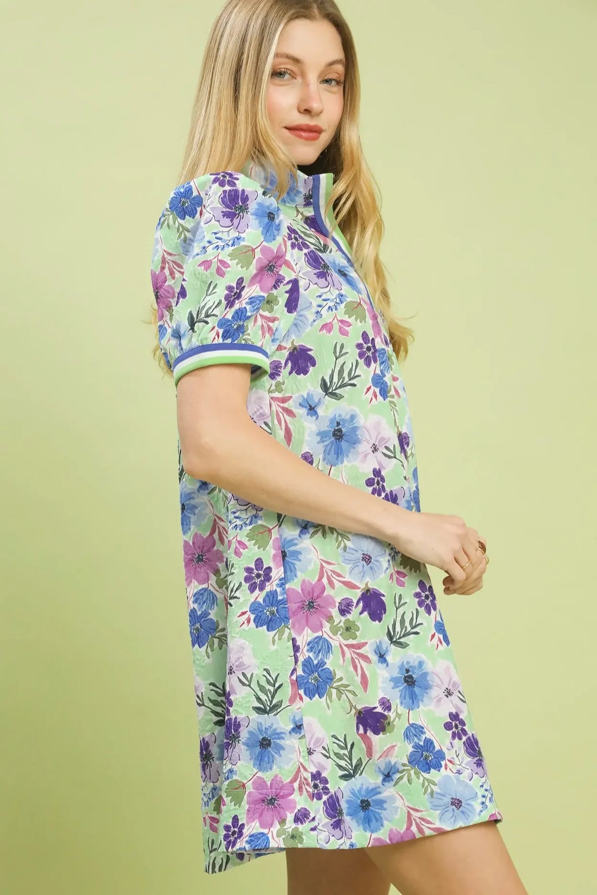 Floral High Neck Banded Mini Dress | Blue/Mint