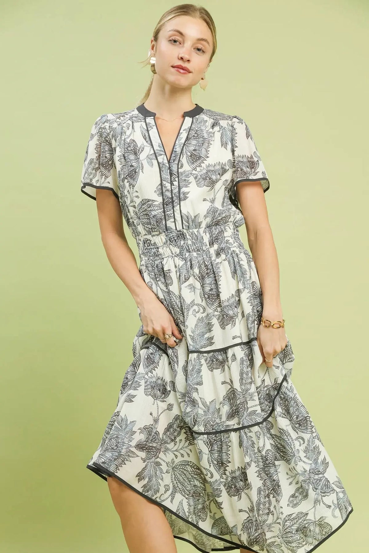 Botanical Tiered Midi Dress | Grey