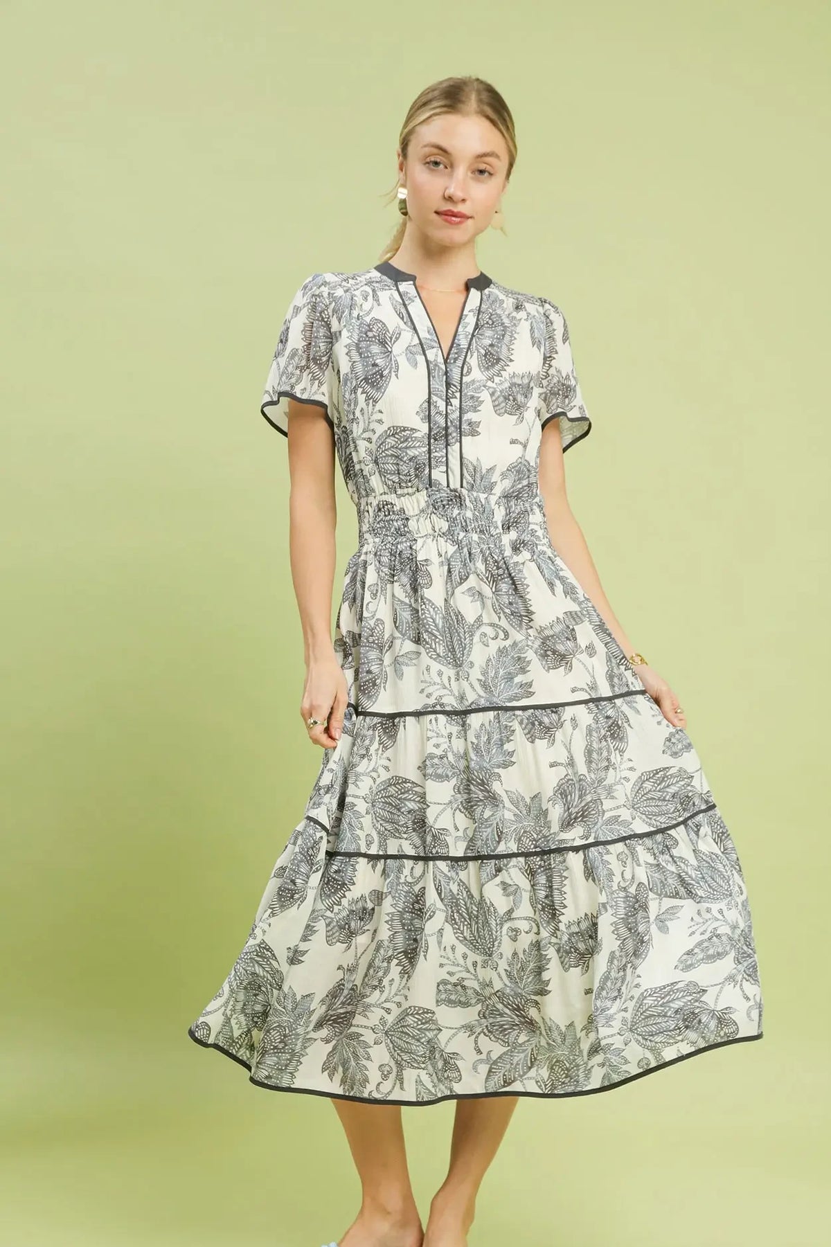 Botanical Tiered Midi Dress | Grey