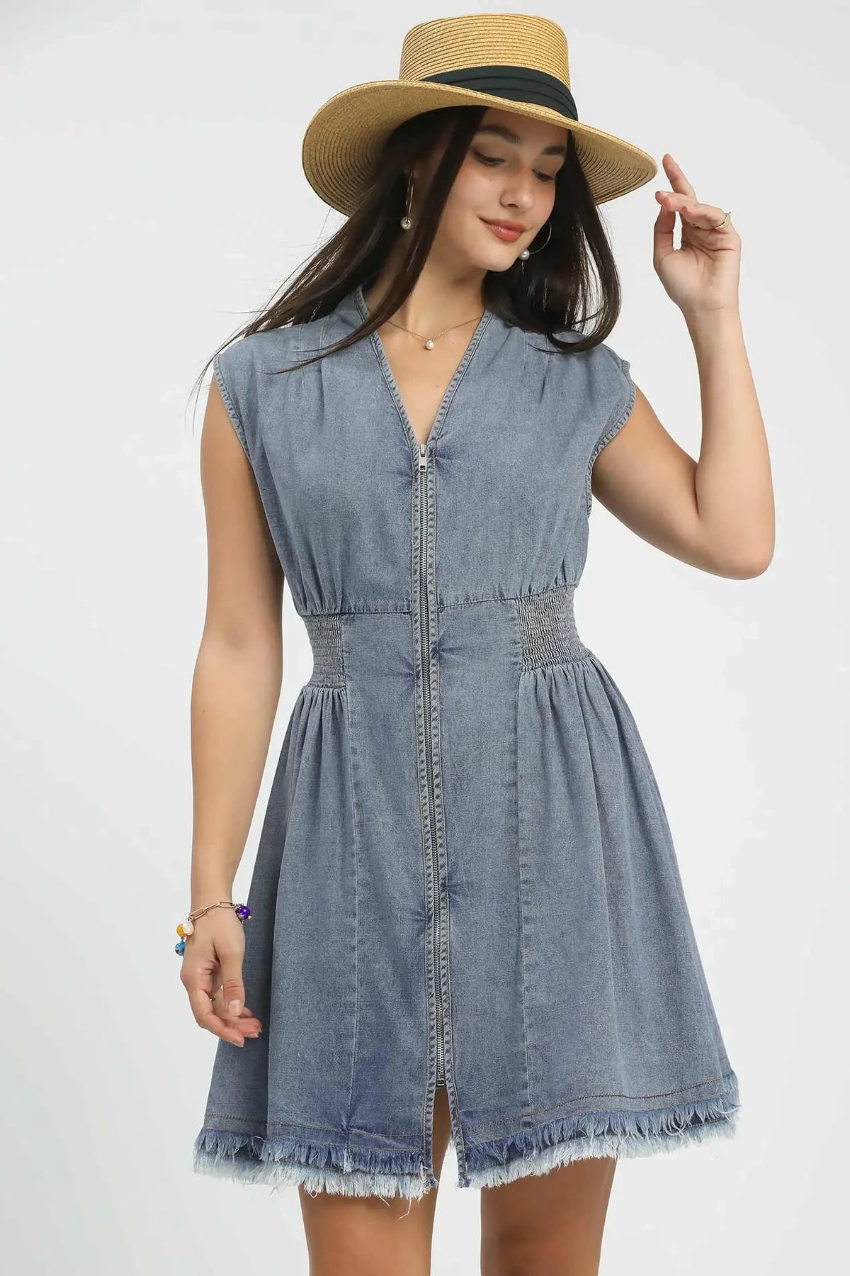 Stone Washed Zip Sleeveless Mini Dress | Light Denim
