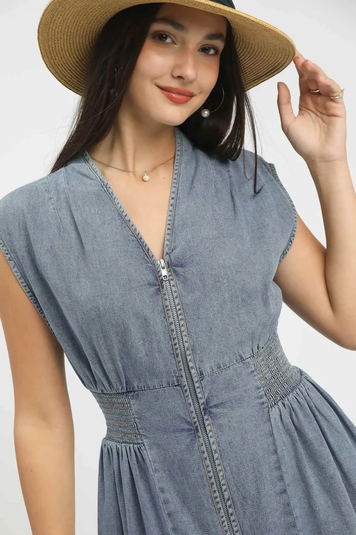 Stone Washed Zip Sleeveless Mini Dress | Light Denim