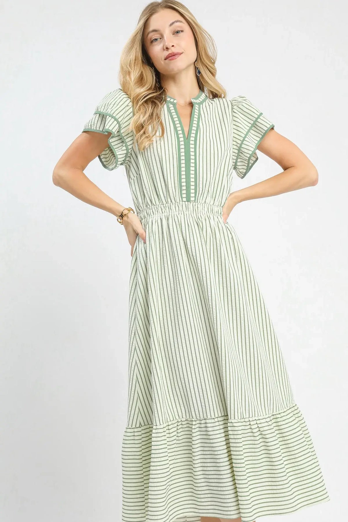 Striped Flutter Sleeve Midi Dress | Sage