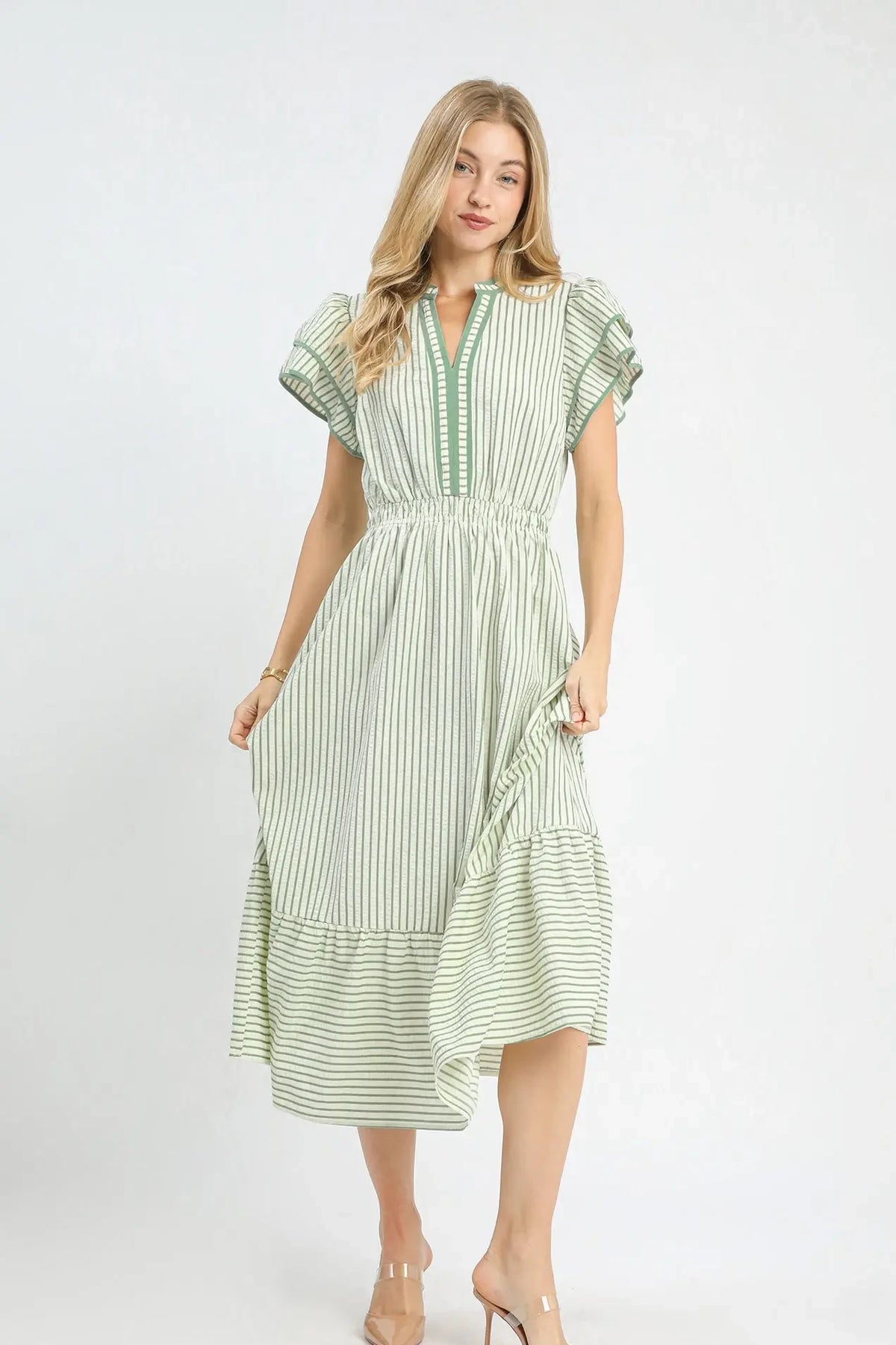 Striped Flutter Sleeve Midi Dress | Sage