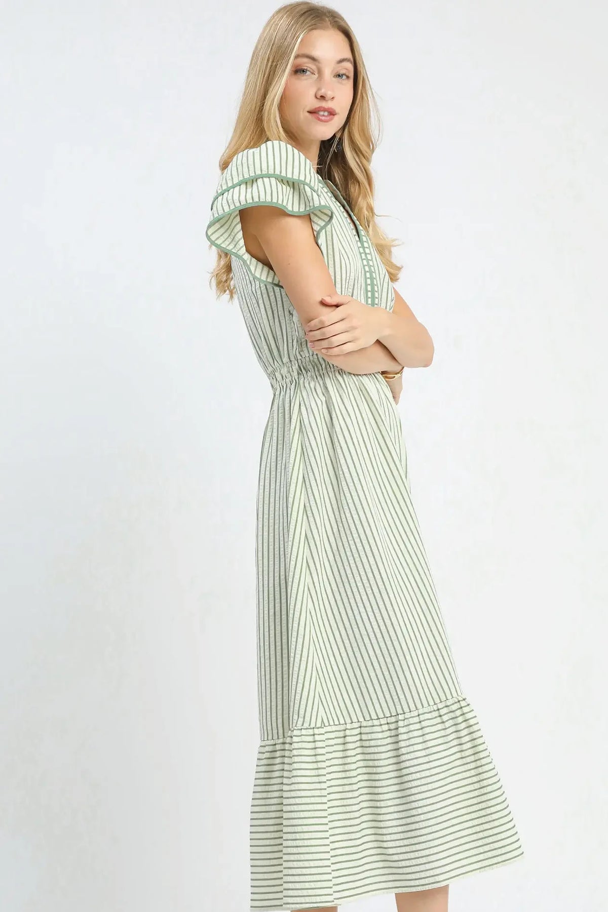 Striped Flutter Sleeve Midi Dress | Sage