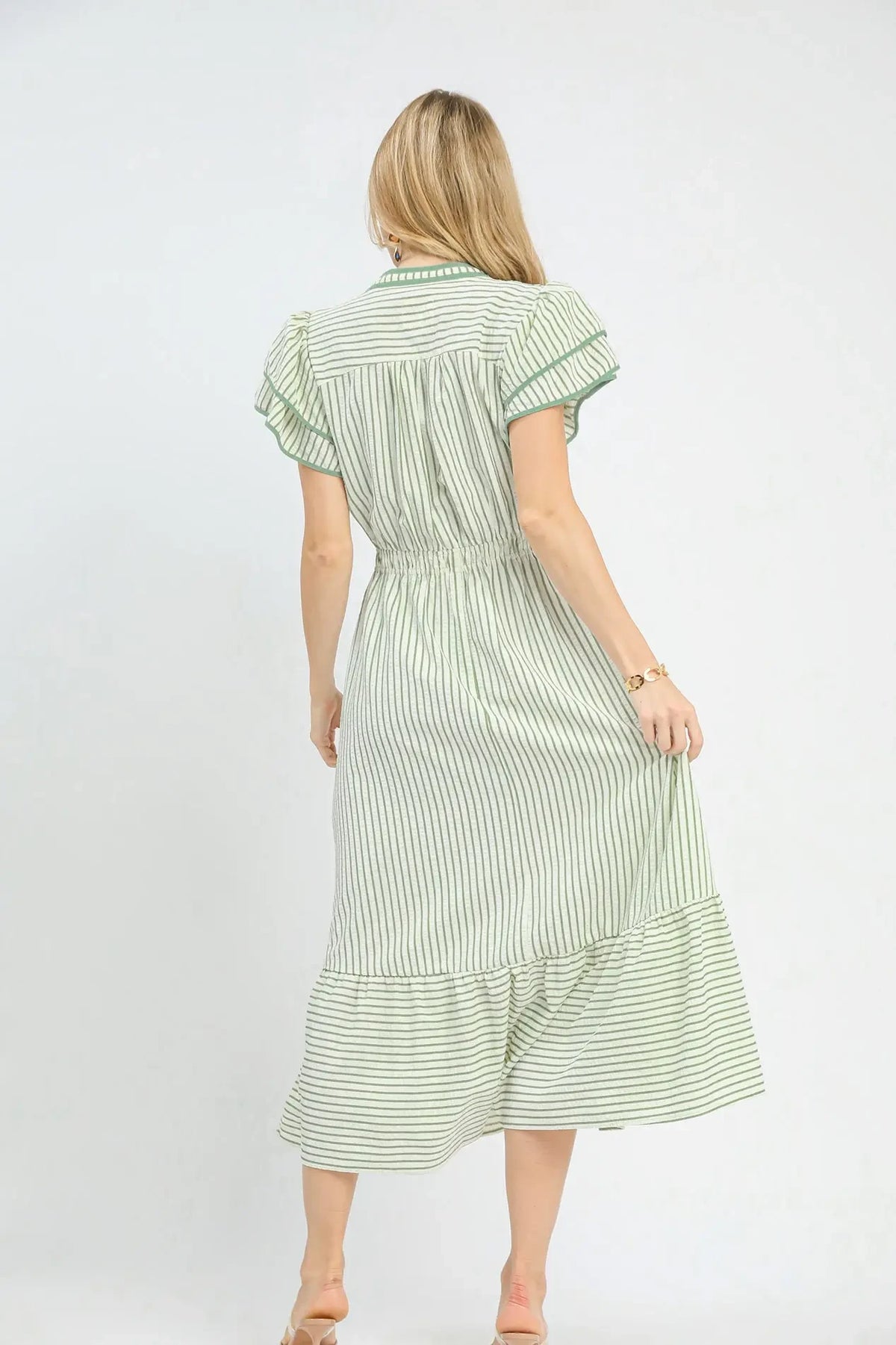 Striped Flutter Sleeve Midi Dress | Sage