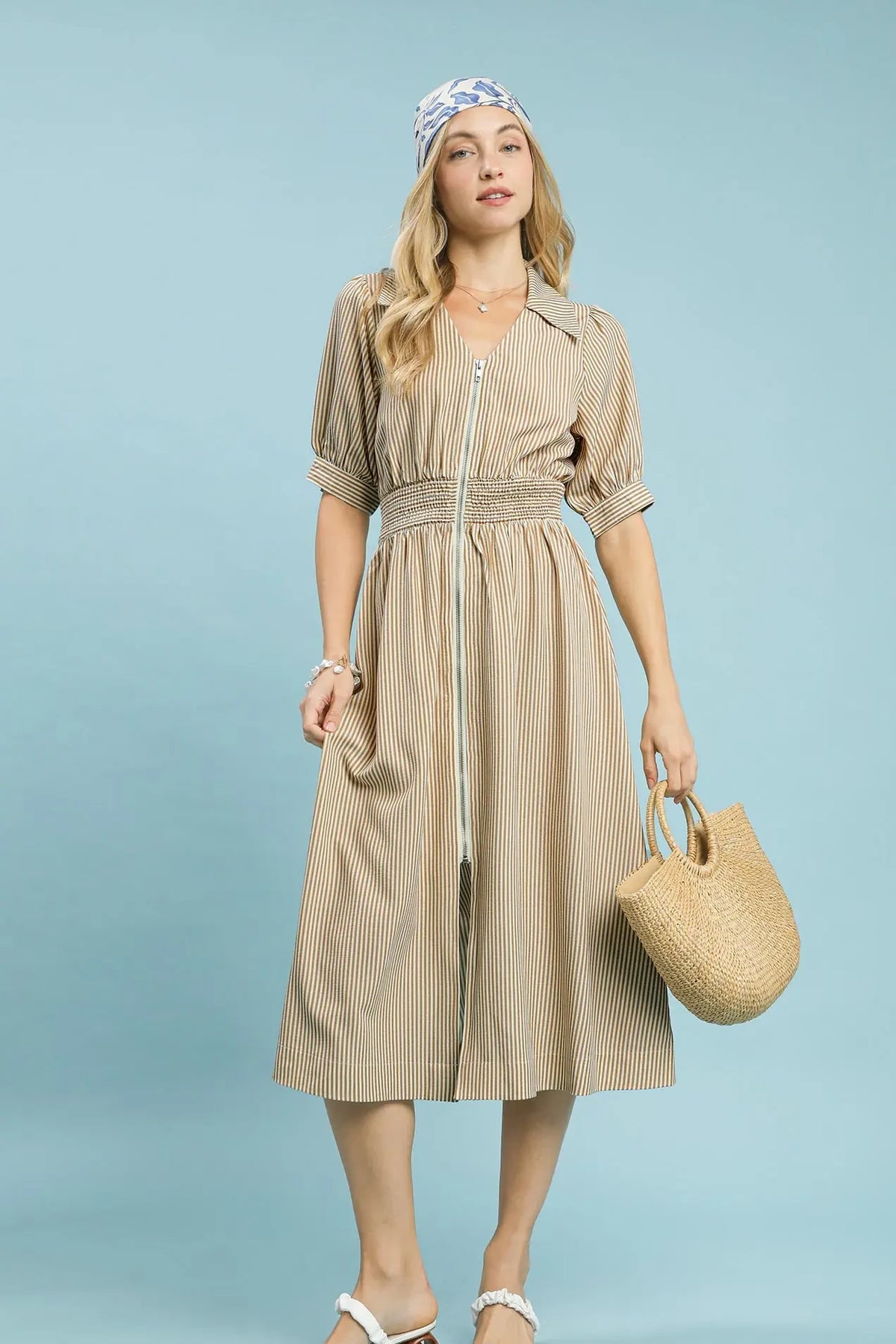 Striped Collared Front Zipper Midi Dress | Latte