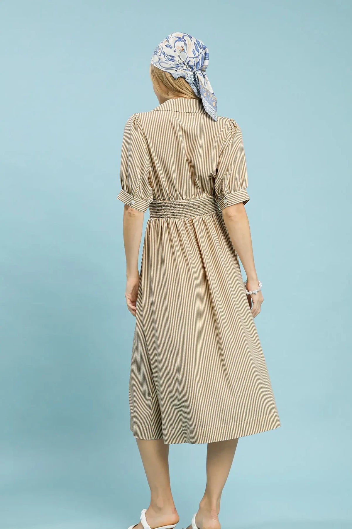 Striped Collared Front Zipper Midi Dress | Latte