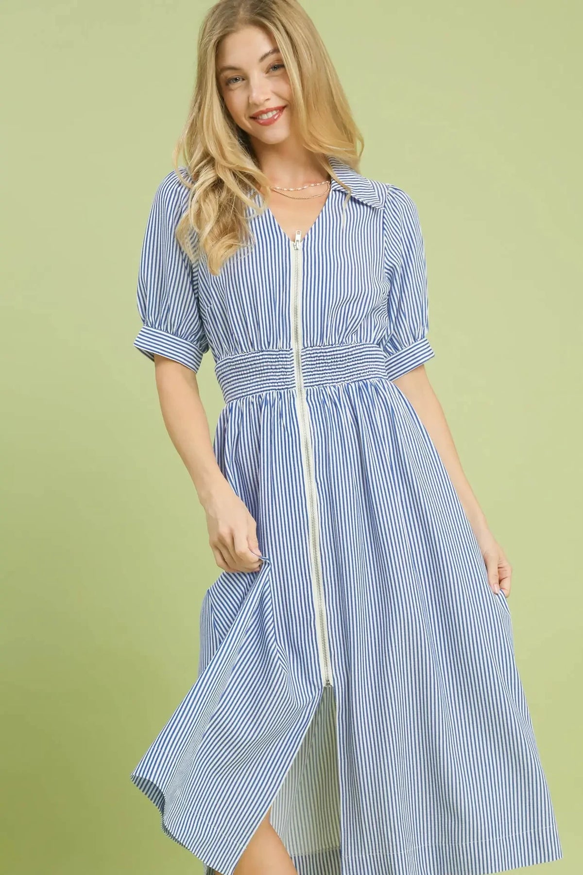 Striped Collared Front Zipper Midi Dress | Blue