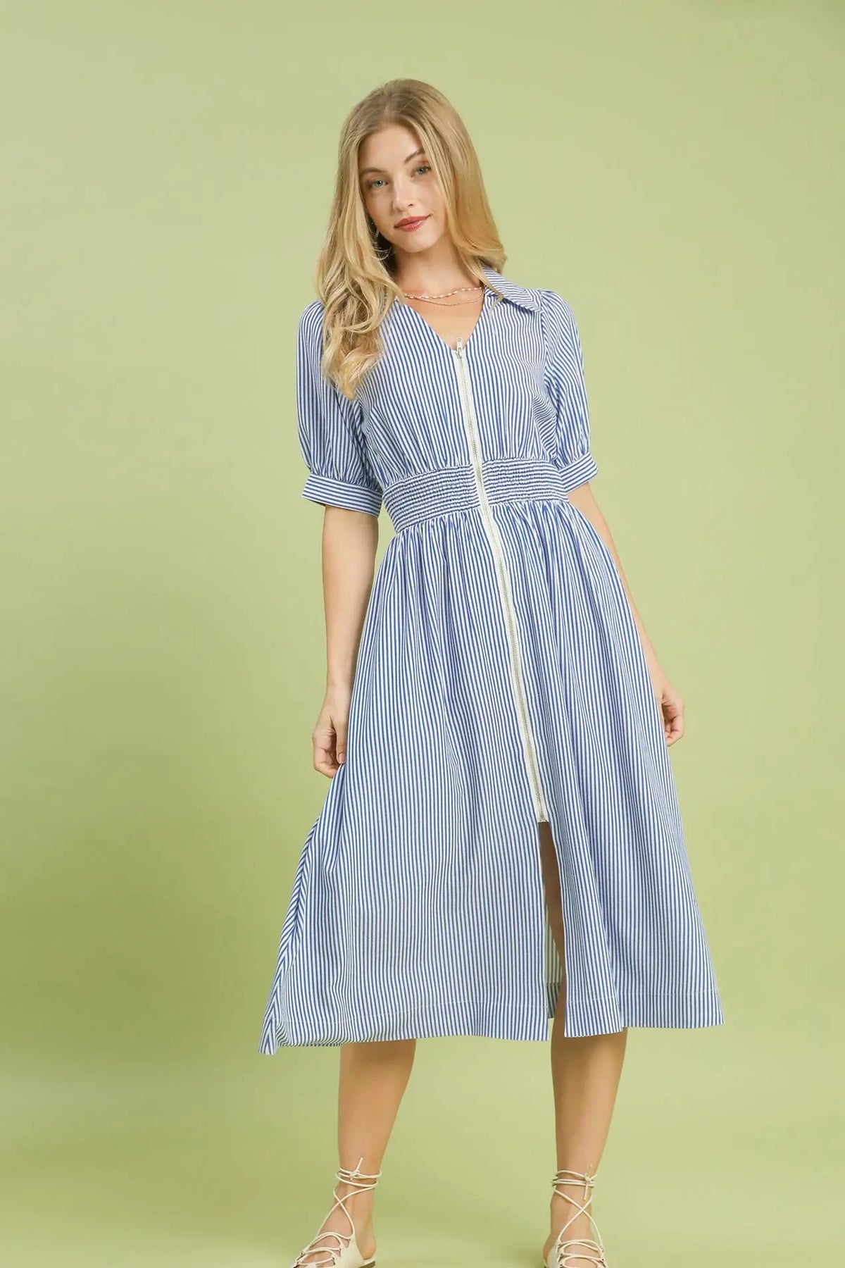 Striped Collared Front Zipper Midi Dress | Blue
