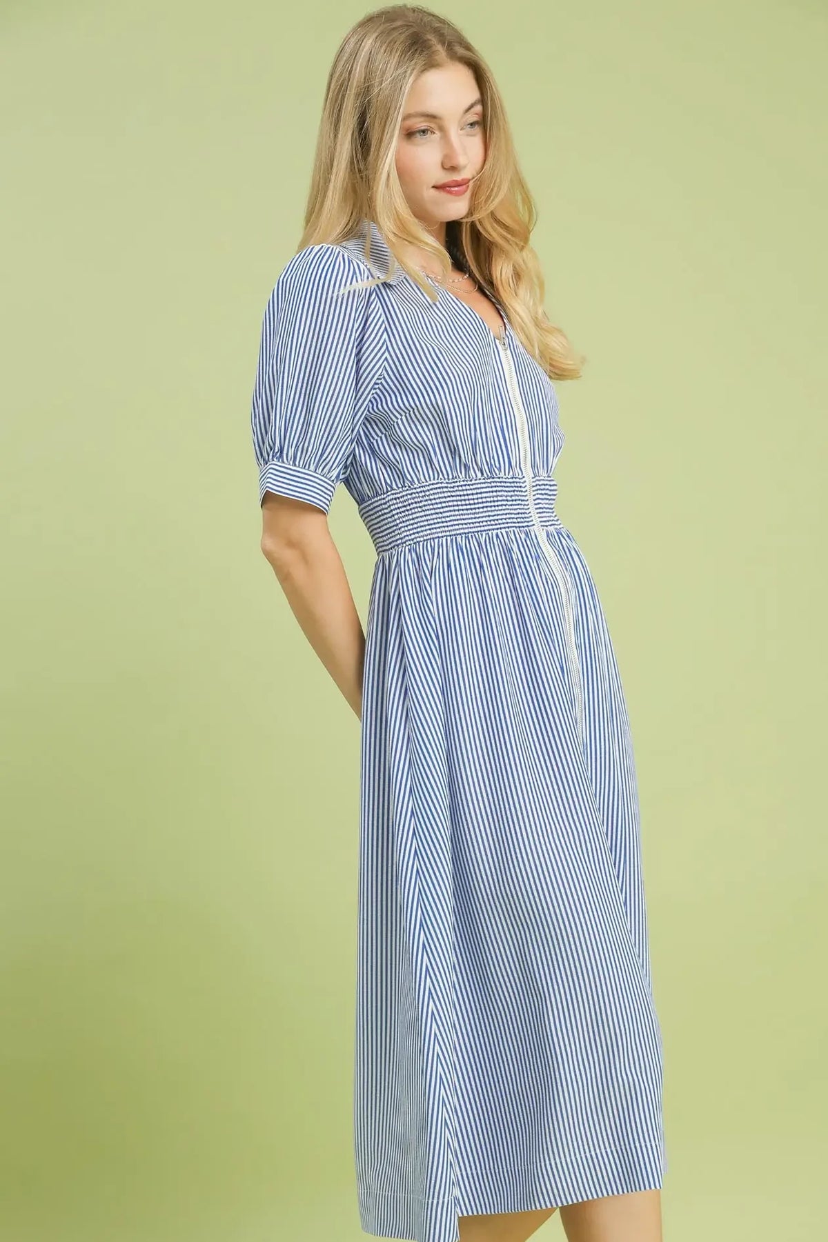Striped Collared Front Zipper Midi Dress | Blue