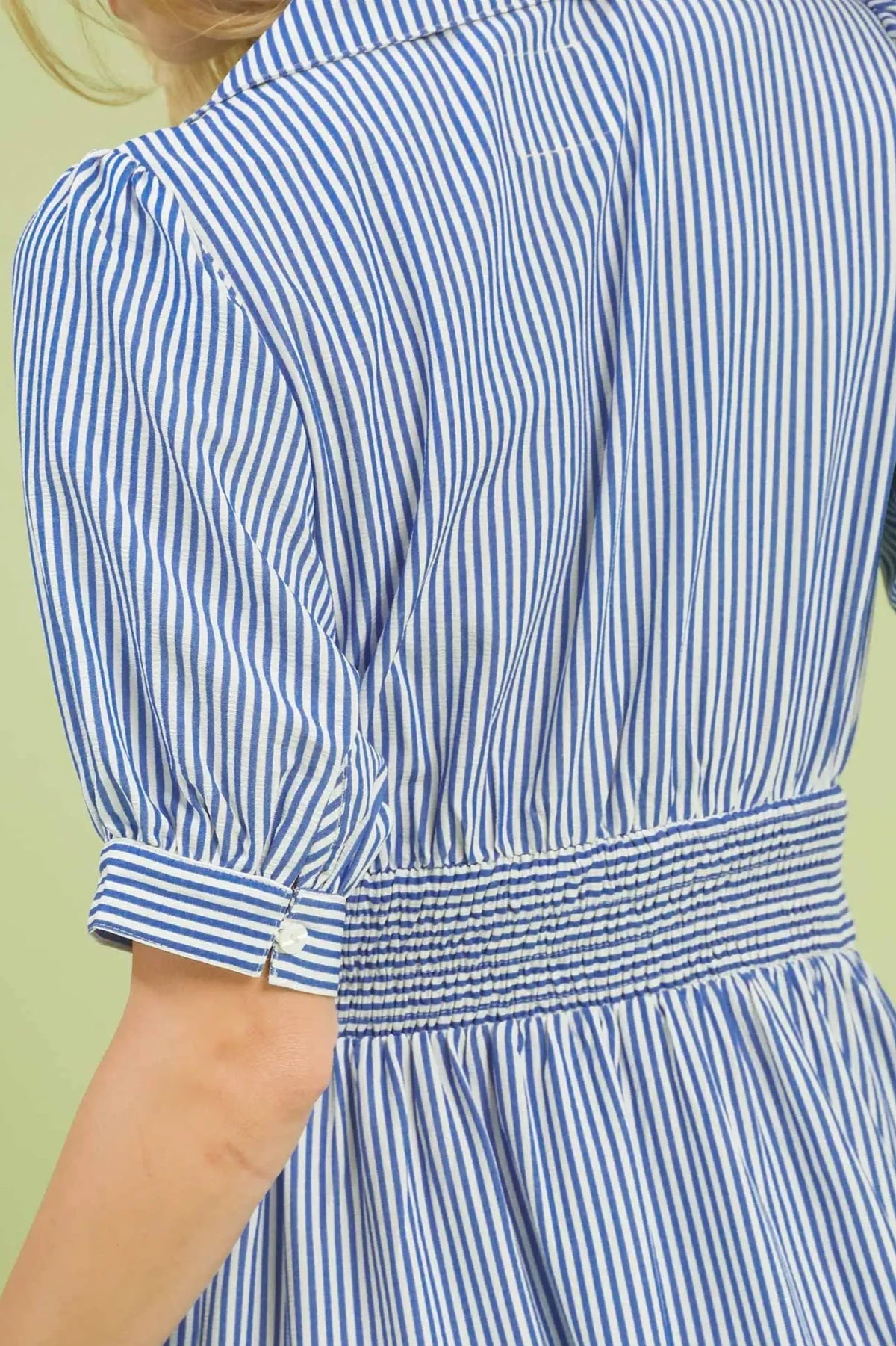 Striped Collared Front Zipper Midi Dress | Blue