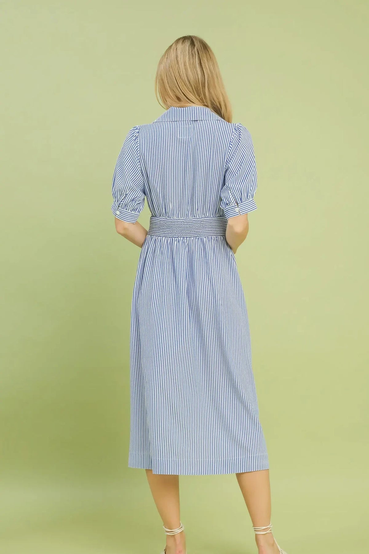 Striped Collared Front Zipper Midi Dress | Blue