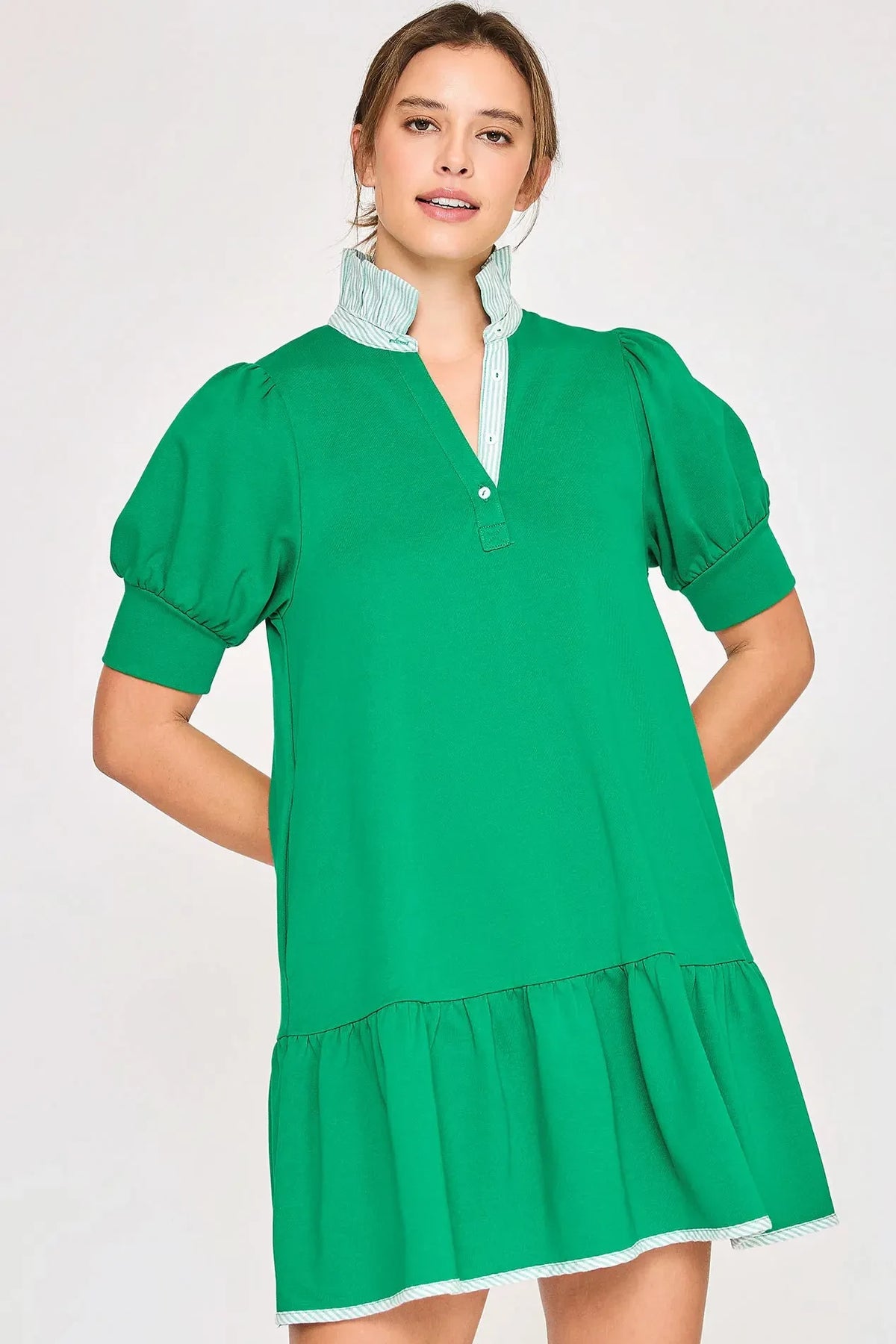 Puff Sleeve Tiered High Neck Mini Dress | Kelly Green
