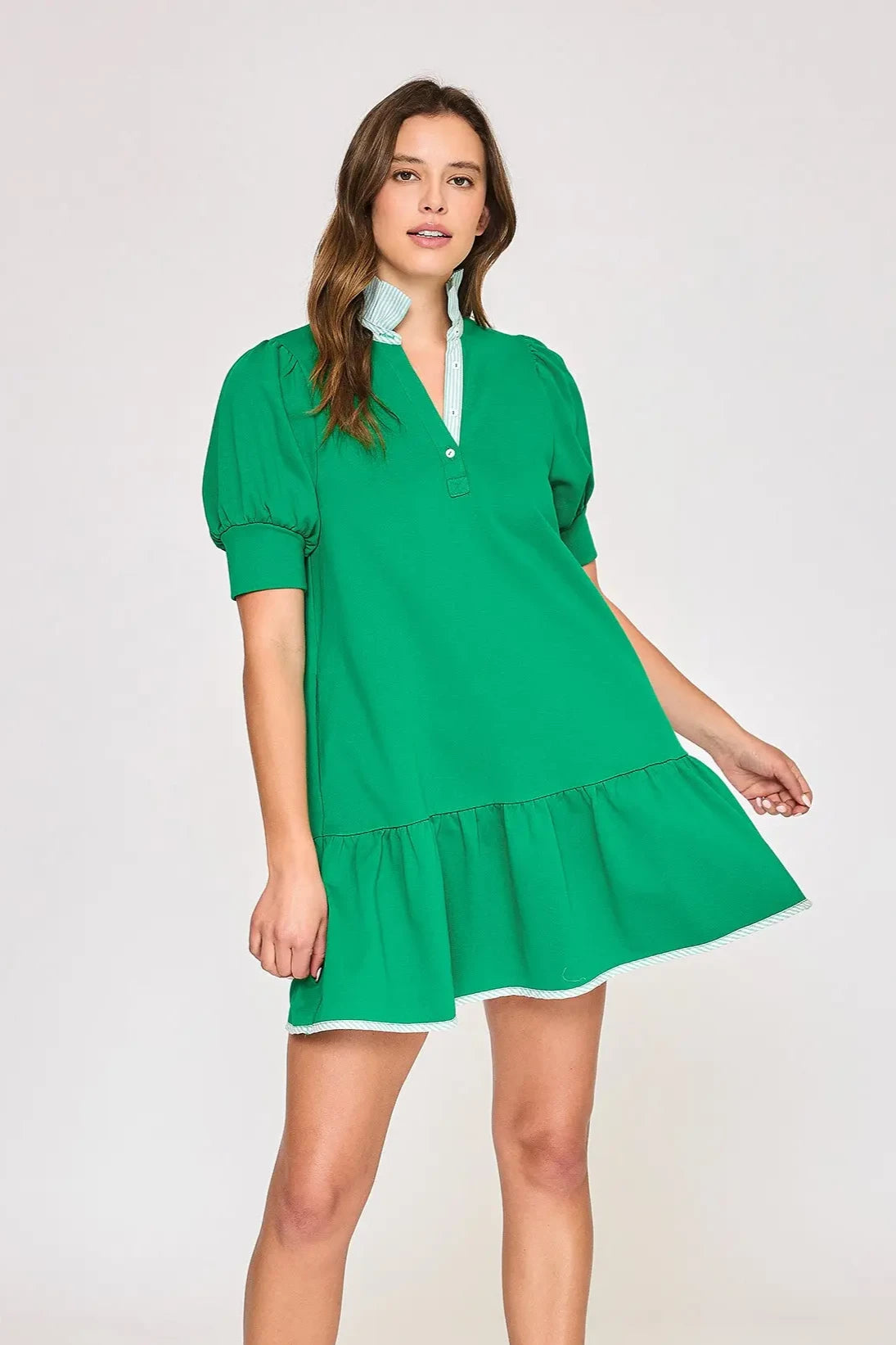 Puff Sleeve Tiered High Neck Mini Dress | Kelly Green