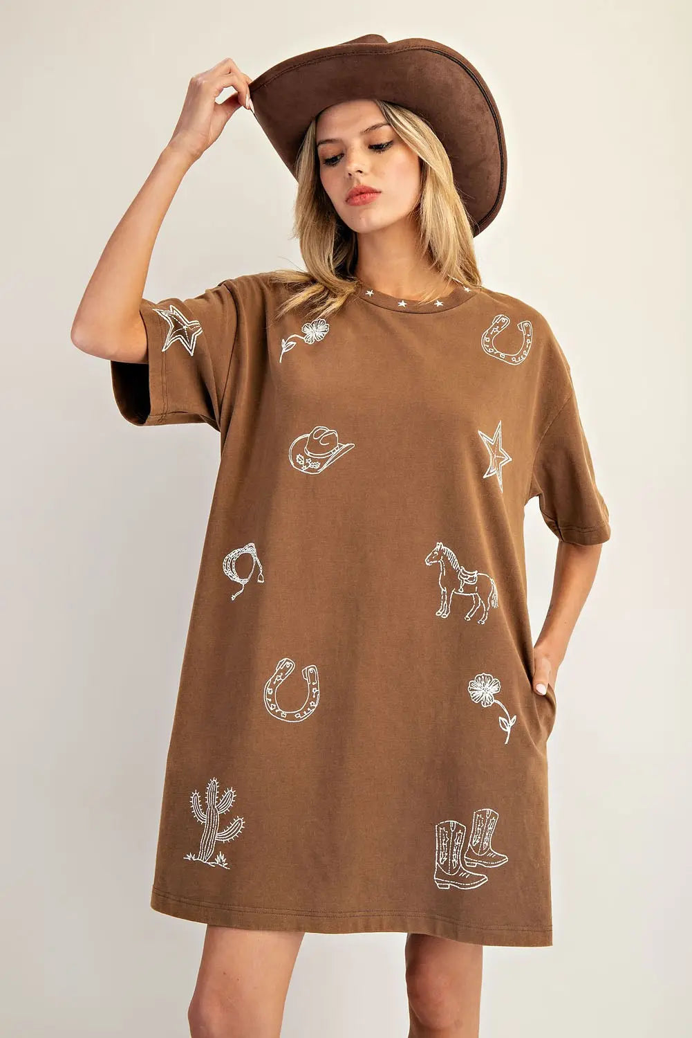 Snow Washed Western T-Shirt Dress | Brown