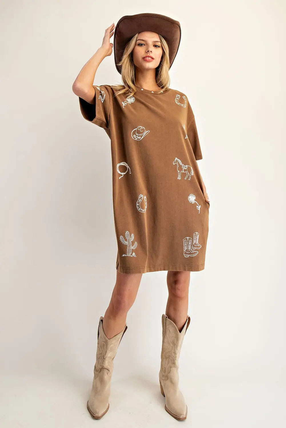 Snow Washed Western T-Shirt Dress | Brown