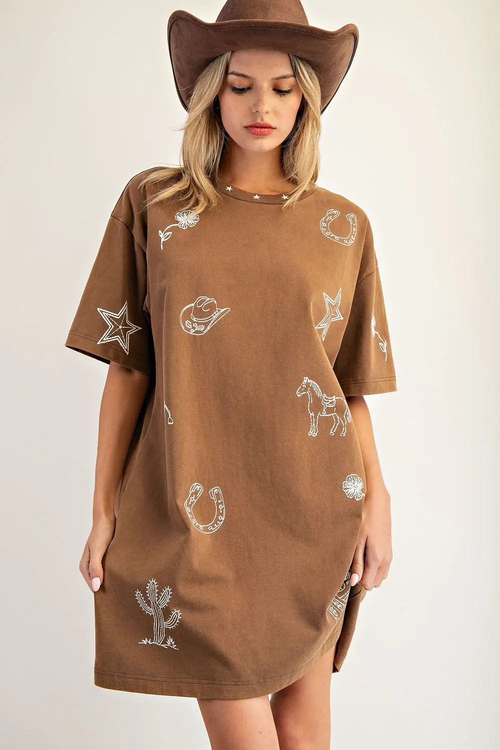 Snow Washed Western T-Shirt Dress | Brown