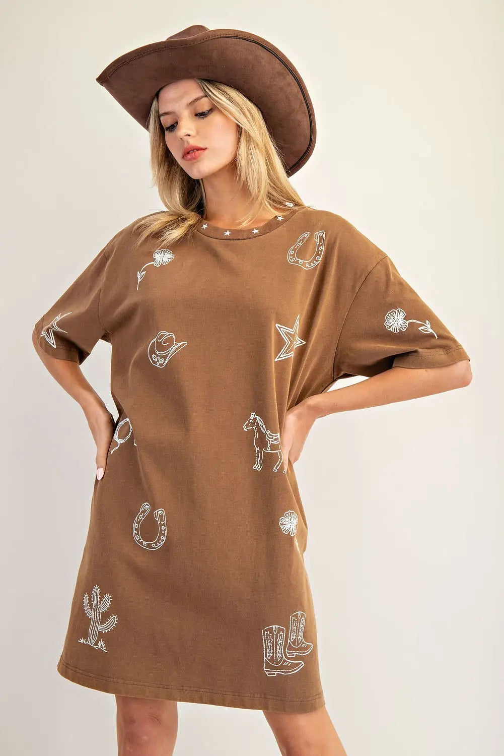 Snow Washed Western T-Shirt Dress | Brown