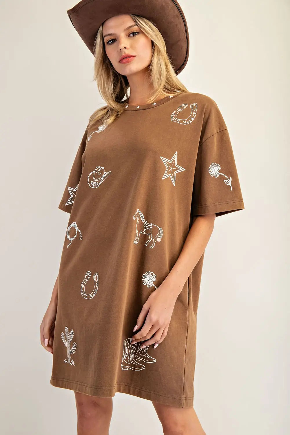 Snow Washed Western T-Shirt Dress | Brown