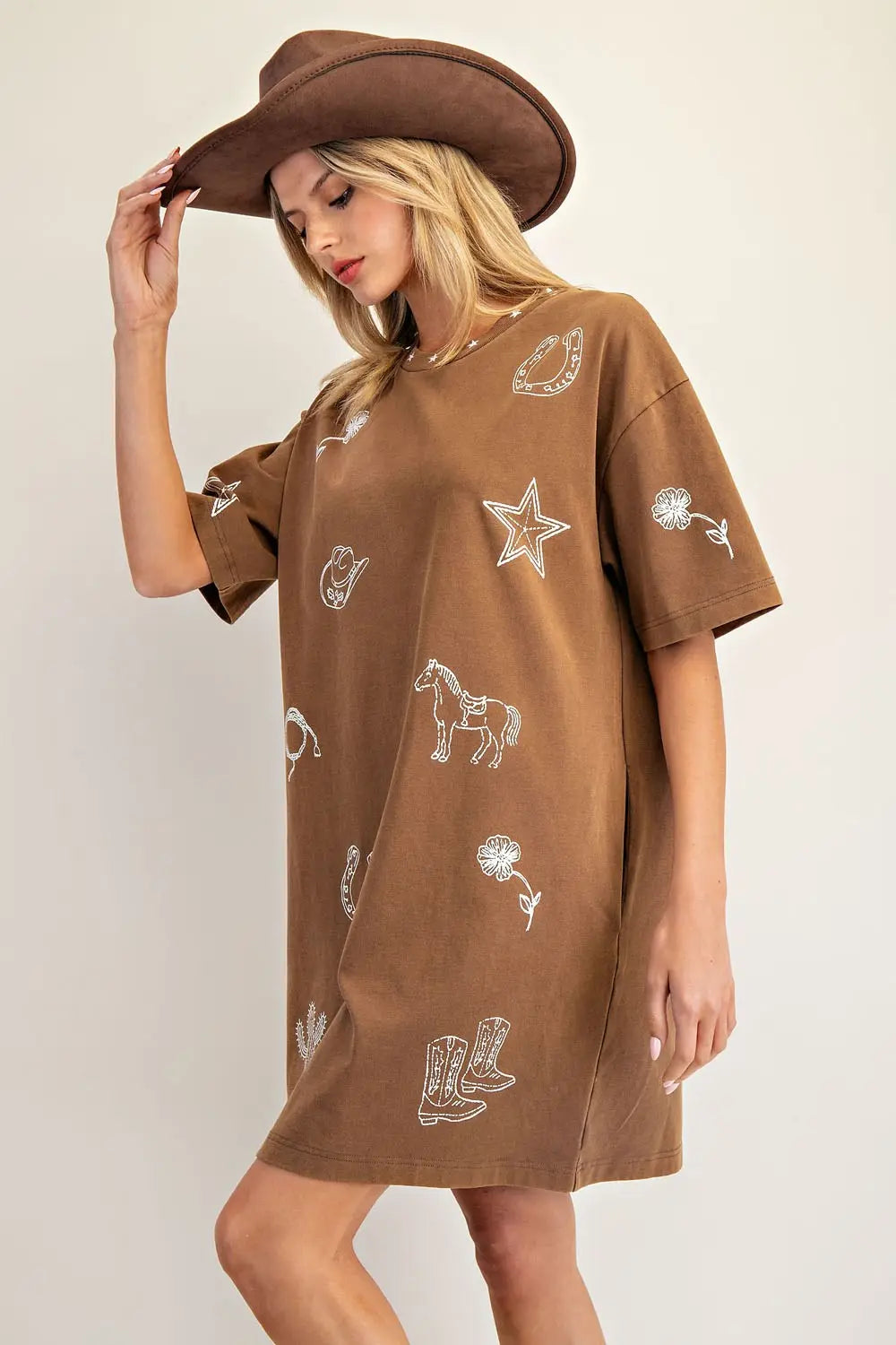 Snow Washed Western T-Shirt Dress | Brown