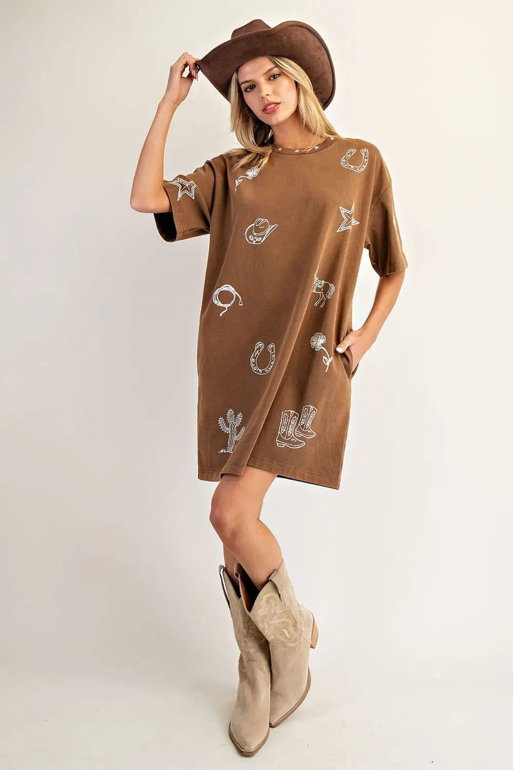 Snow Washed Western T-Shirt Dress | Brown