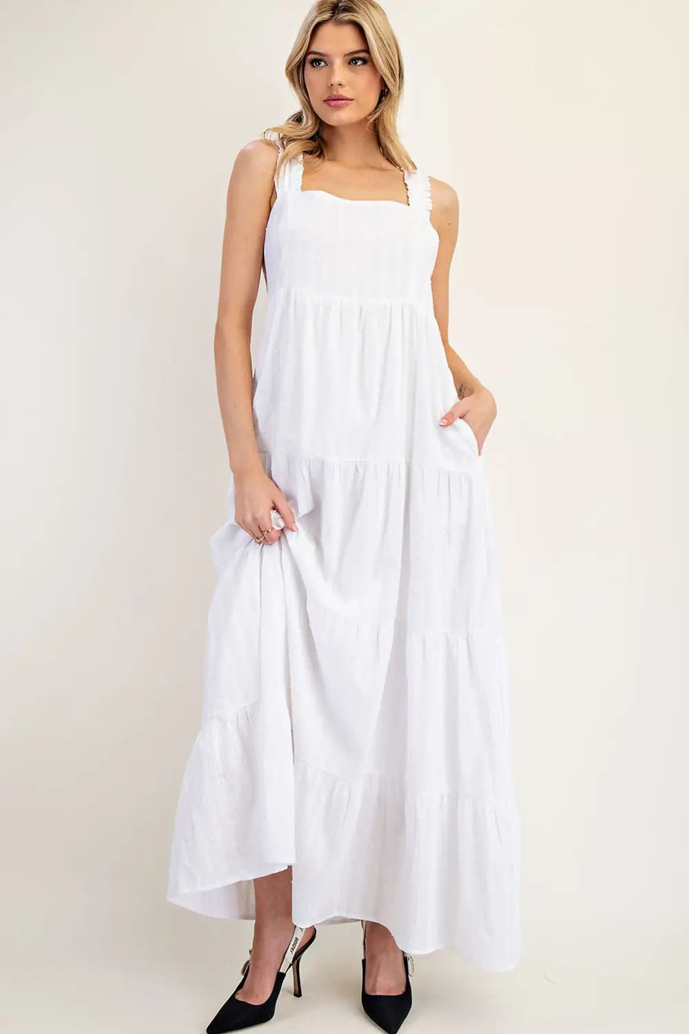 Textured Square Neck Maxi Dress | Off White