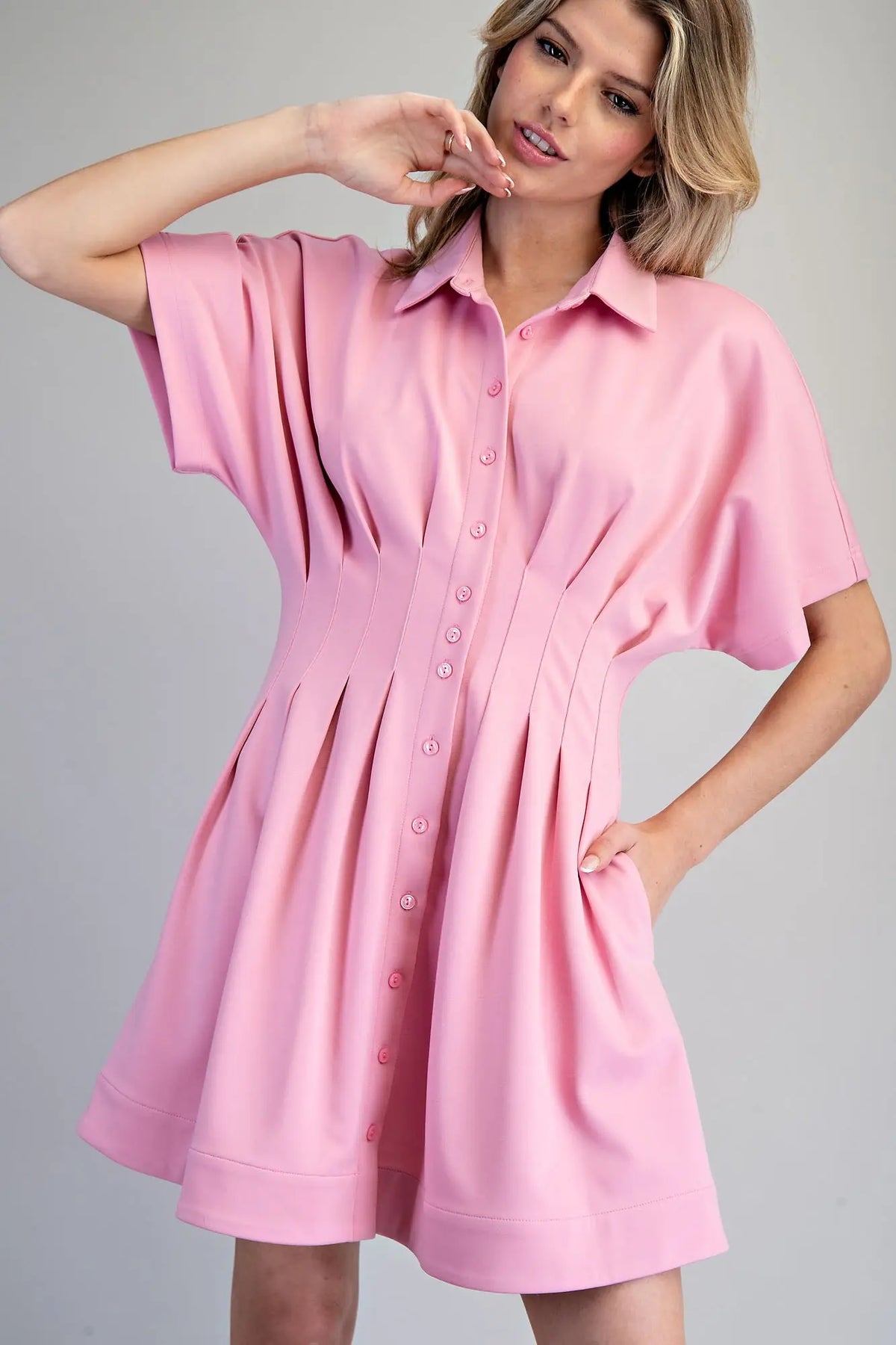 Pleated Button Down Mini Dress | Sweet Pink