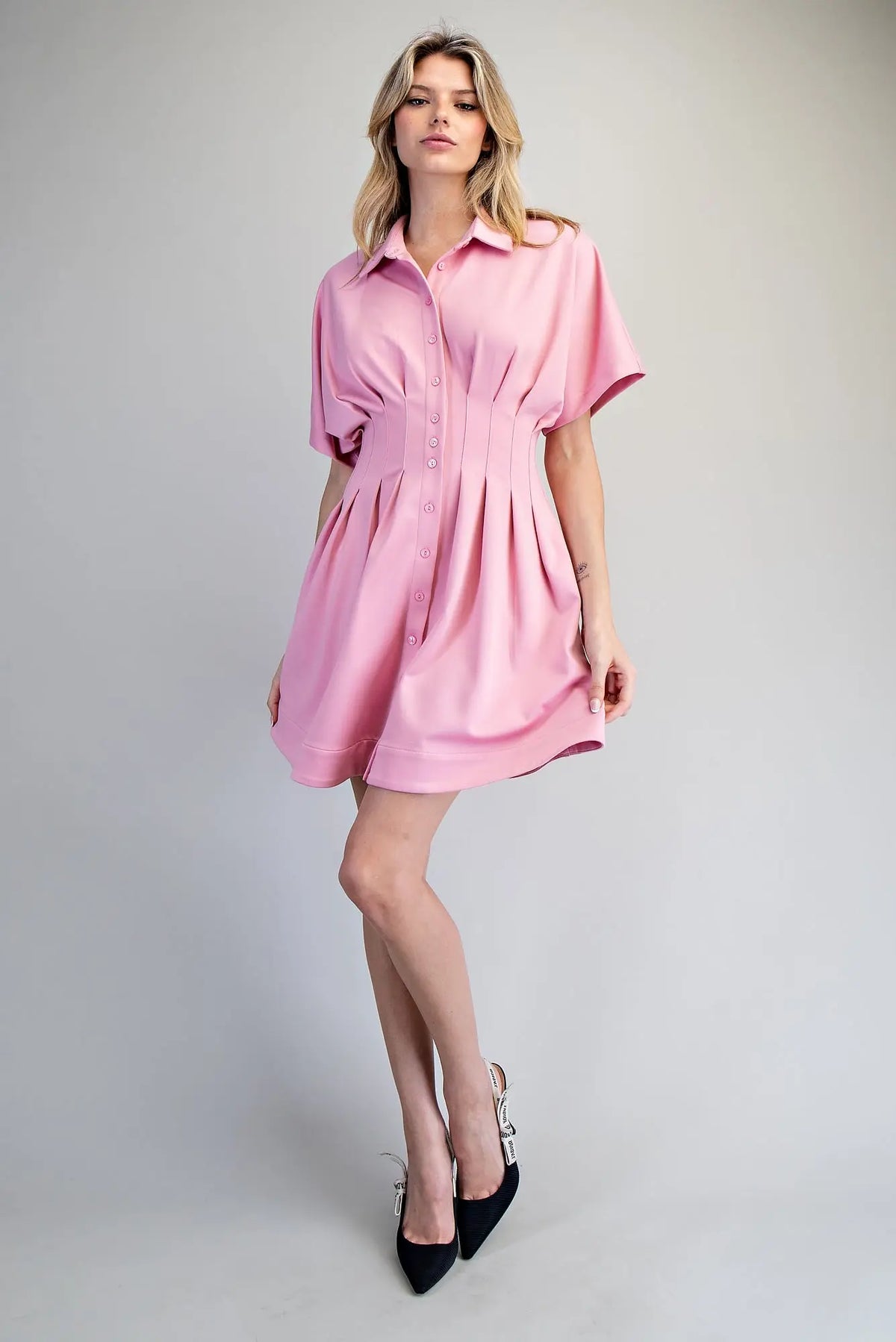 Pleated Button Down Mini Dress | Sweet Pink