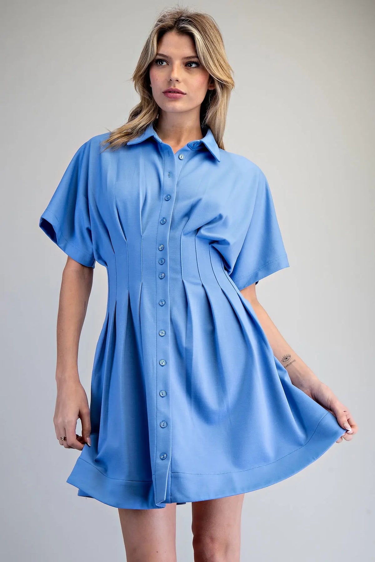 Pleated Button Down Mini Dress | Denim Blue