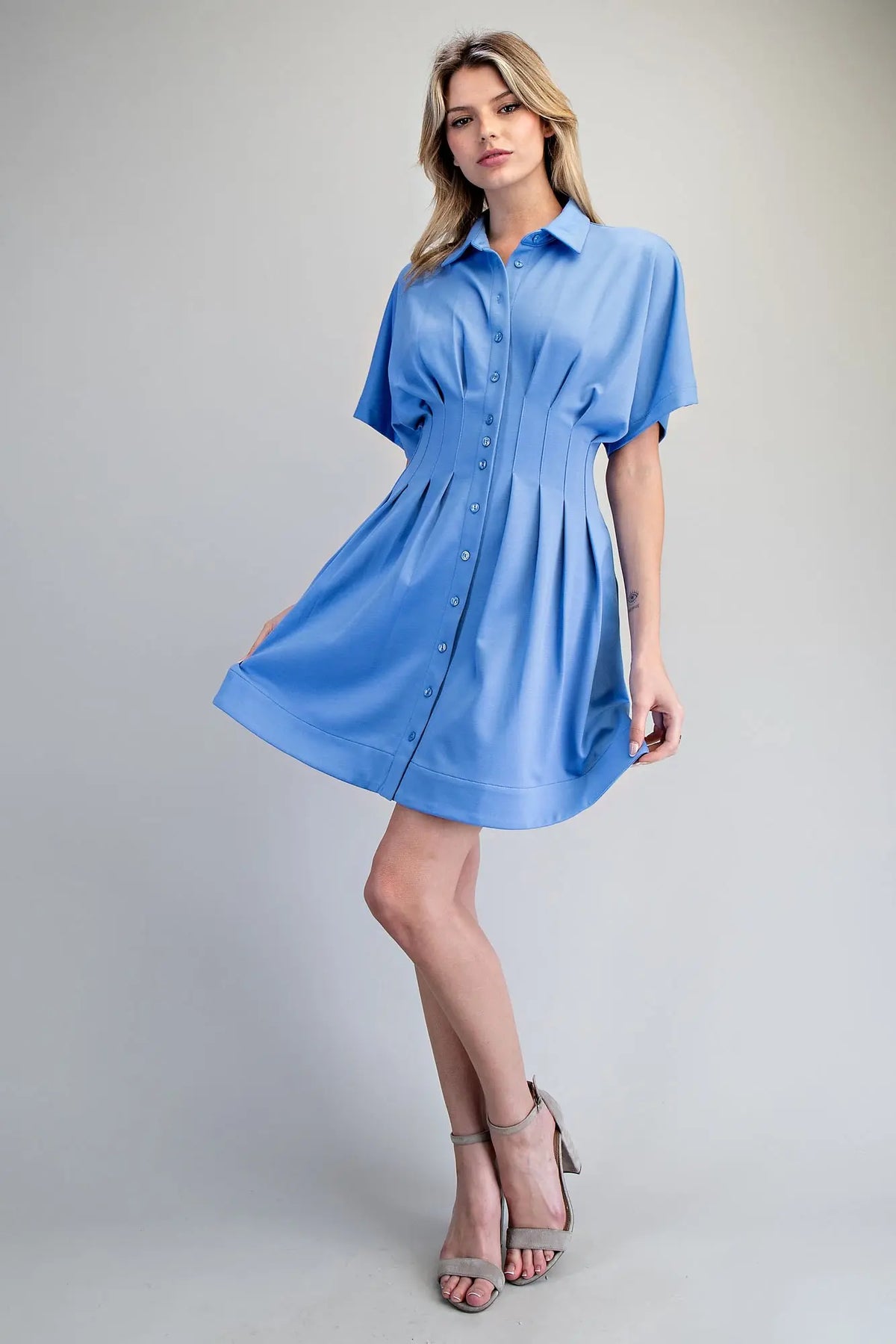 Pleated Button Down Mini Dress | Denim Blue