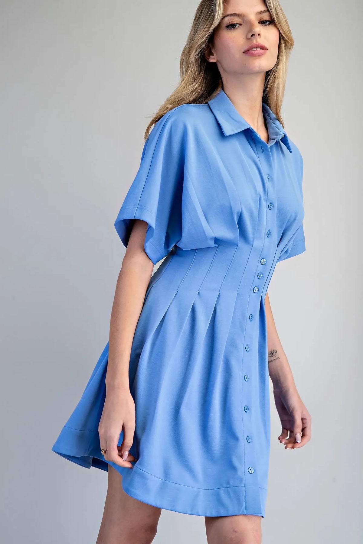 Pleated Button Down Mini Dress | Denim Blue