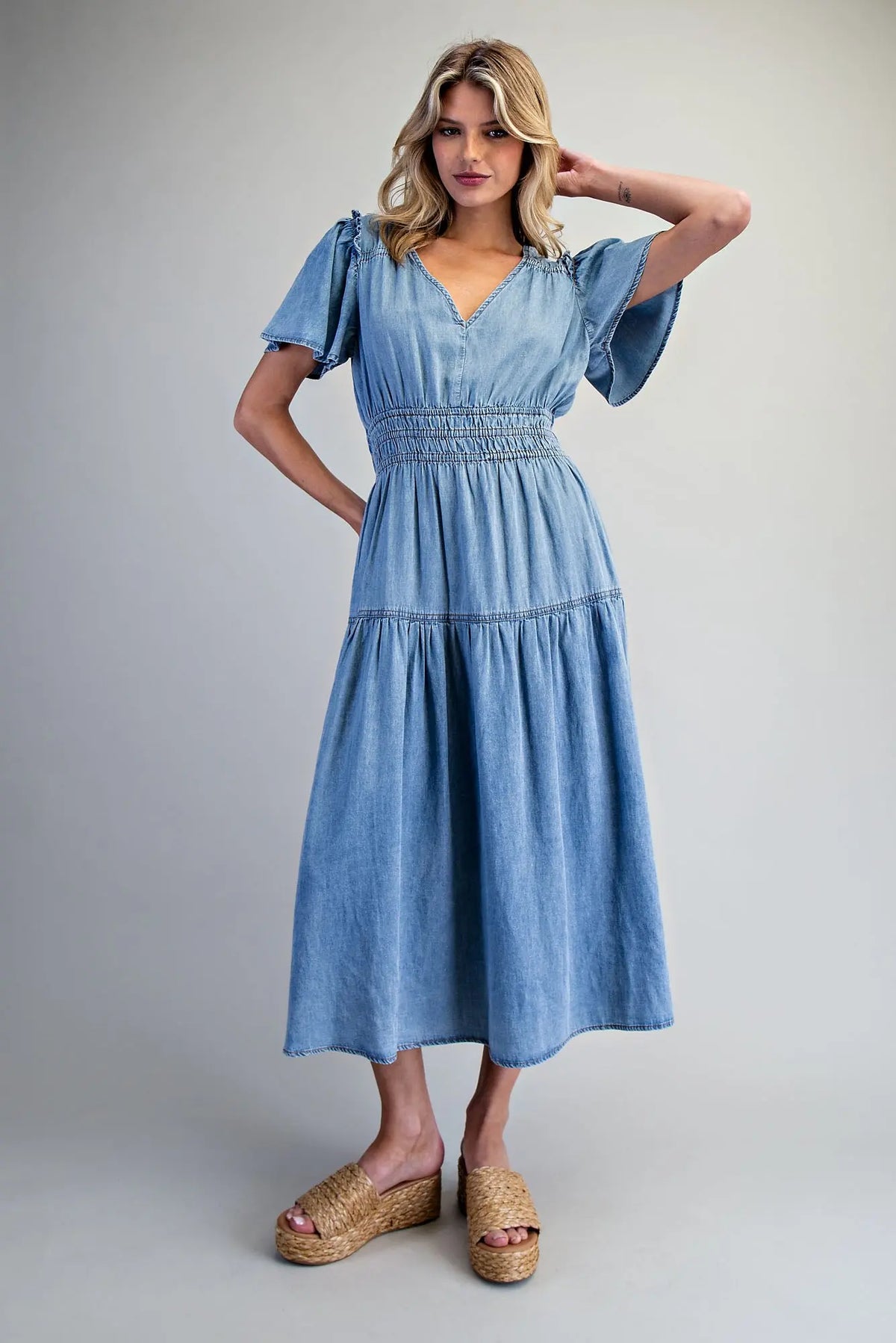 Snow Washed Smocked Maxi Dress | Denim